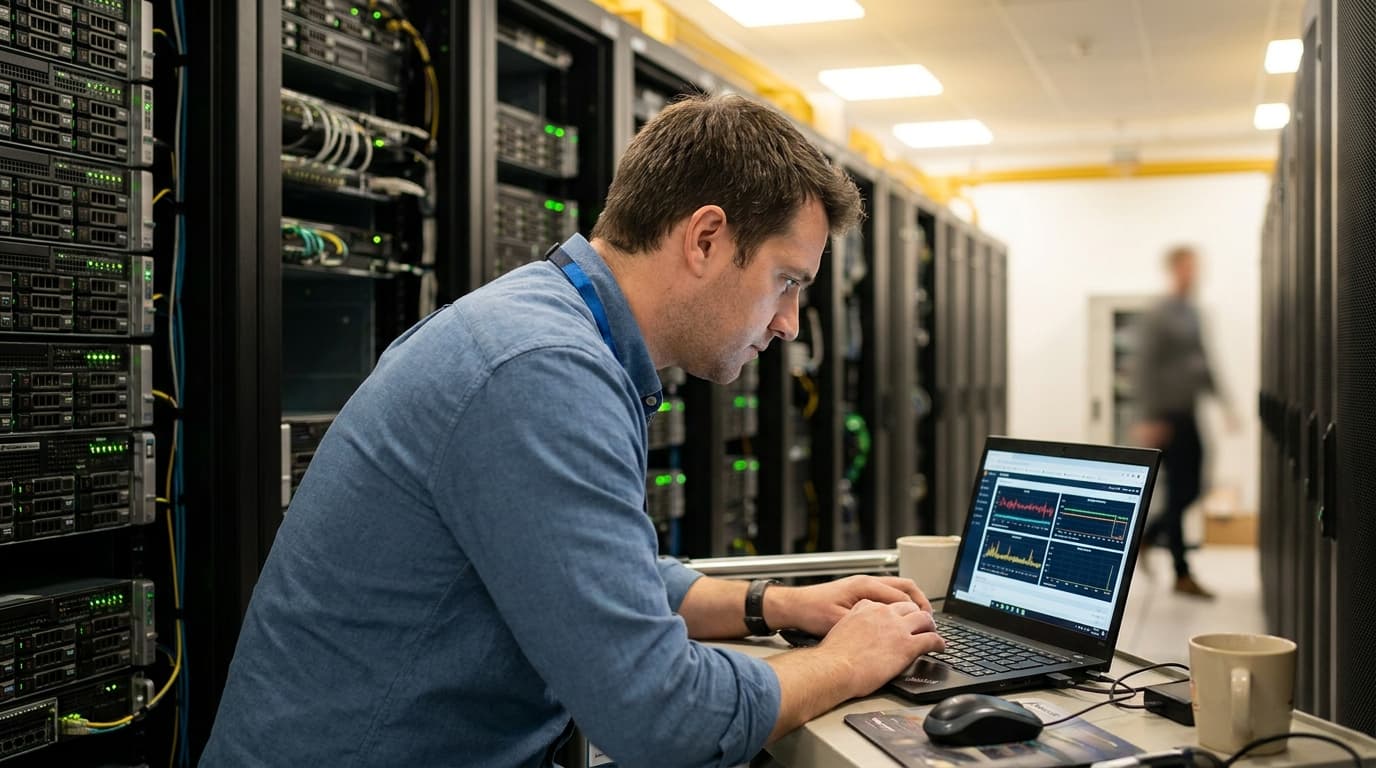 An engineer in a data center analyzes system performance on a laptop, with server racks visible behind them.