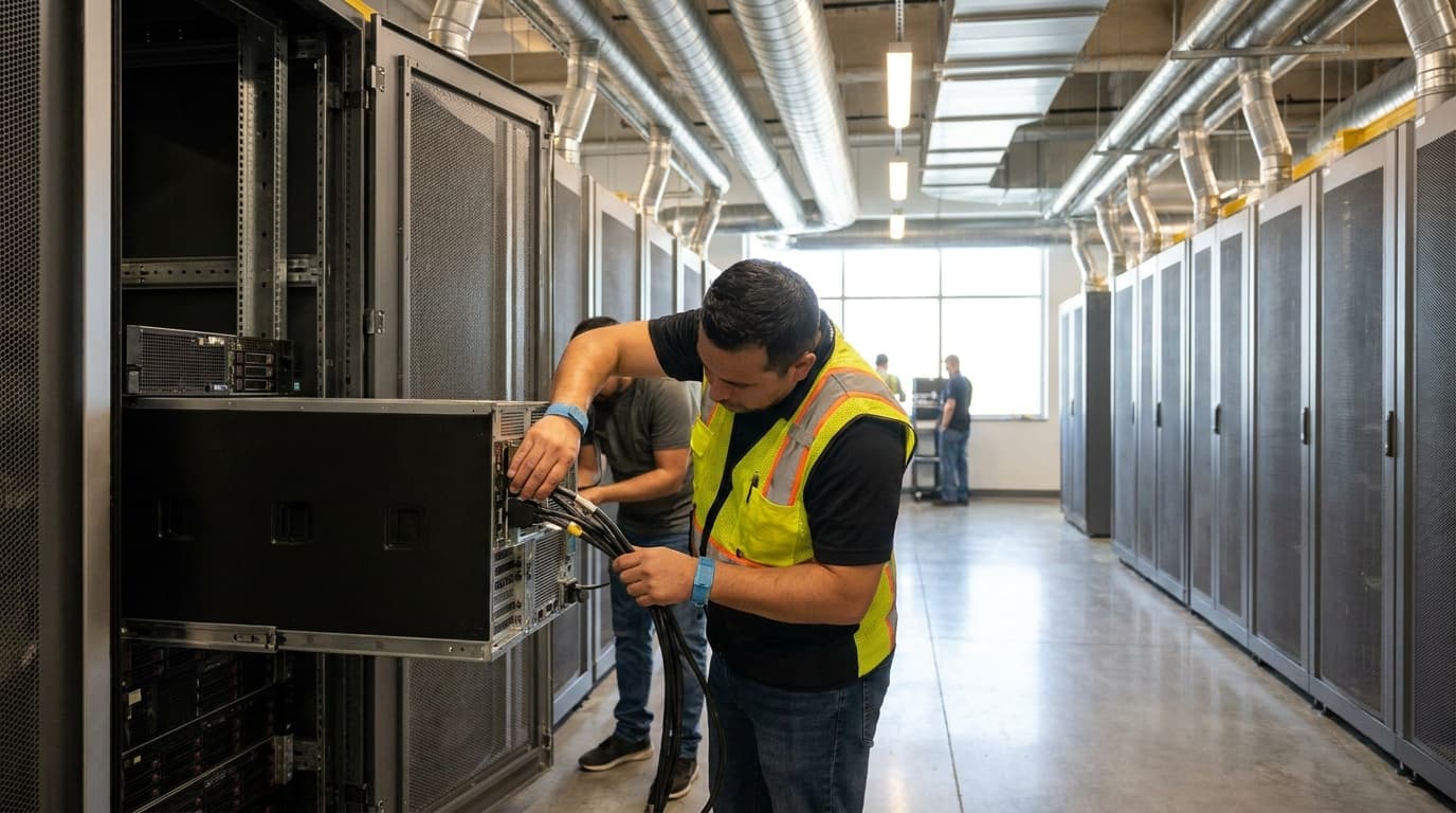 A technician in a data center carefully installs a new GPU server into a server rack.