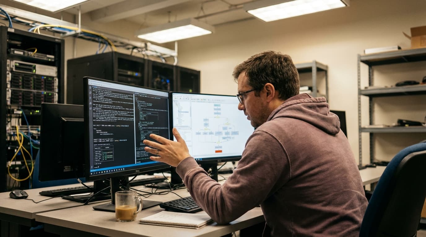 A database engineer reviews a PostgreSQL query plan on a computer monitor in an office setting.