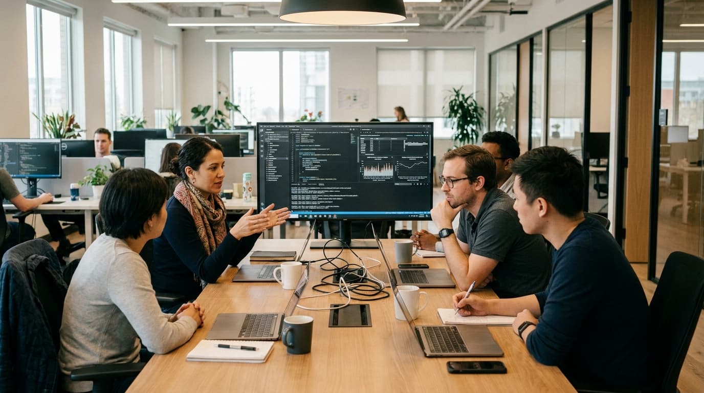 A team of developers in a meeting, discussing data charts and code related to an AI project on a large monitor.
