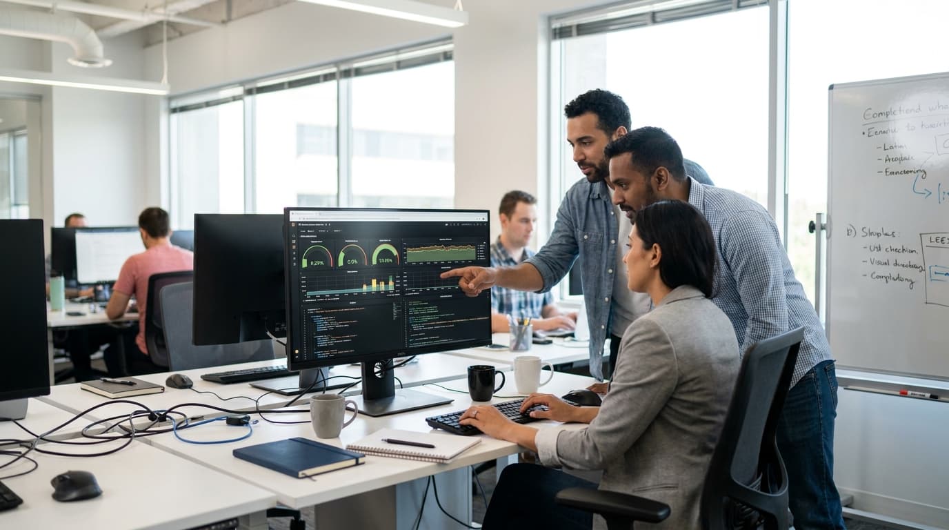A group of engineers collaborates in an office, analyzing AI model performance data on a large computer screen.