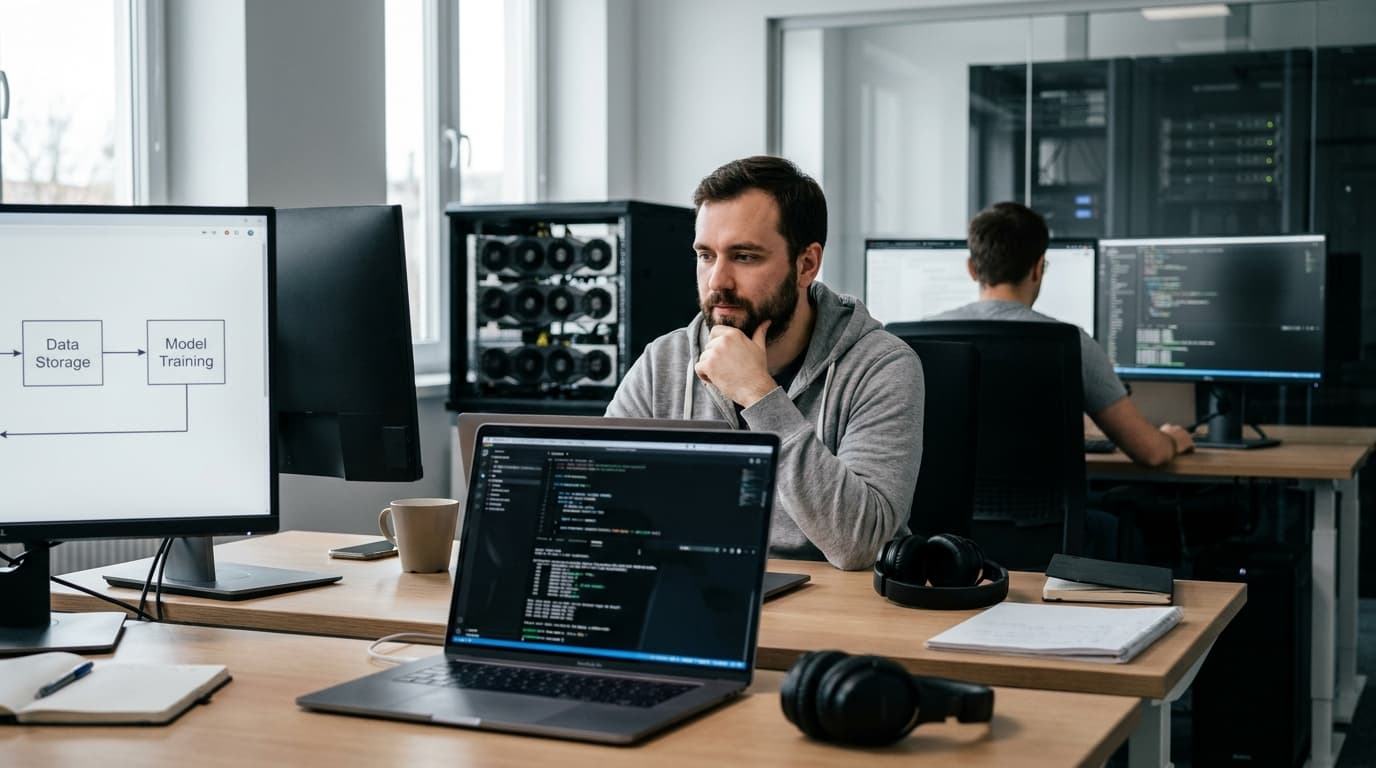 A developer at their desk reviews code on a laptop, with a diagram of an AI learning system on a second monitor.