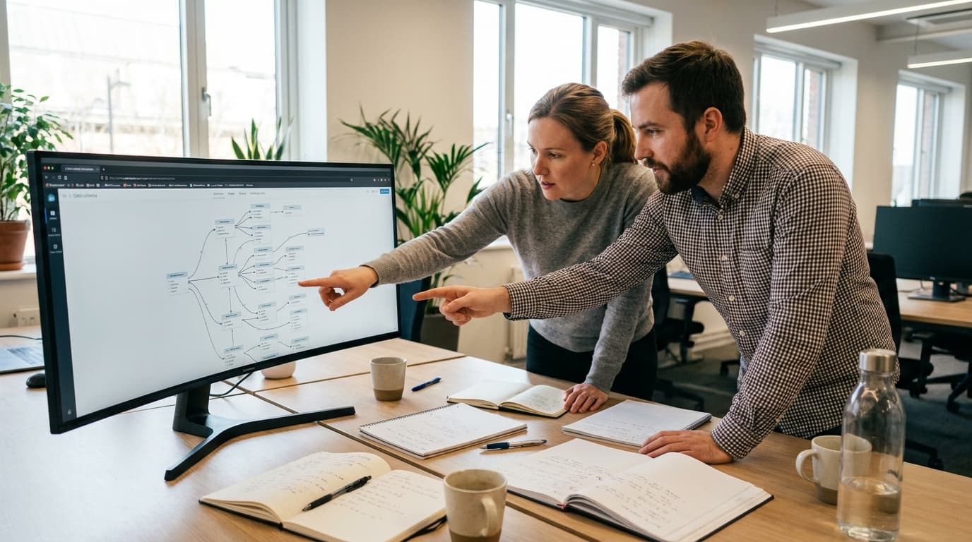 Two colleagues in an office discussing a data diagram on a large computer screen.