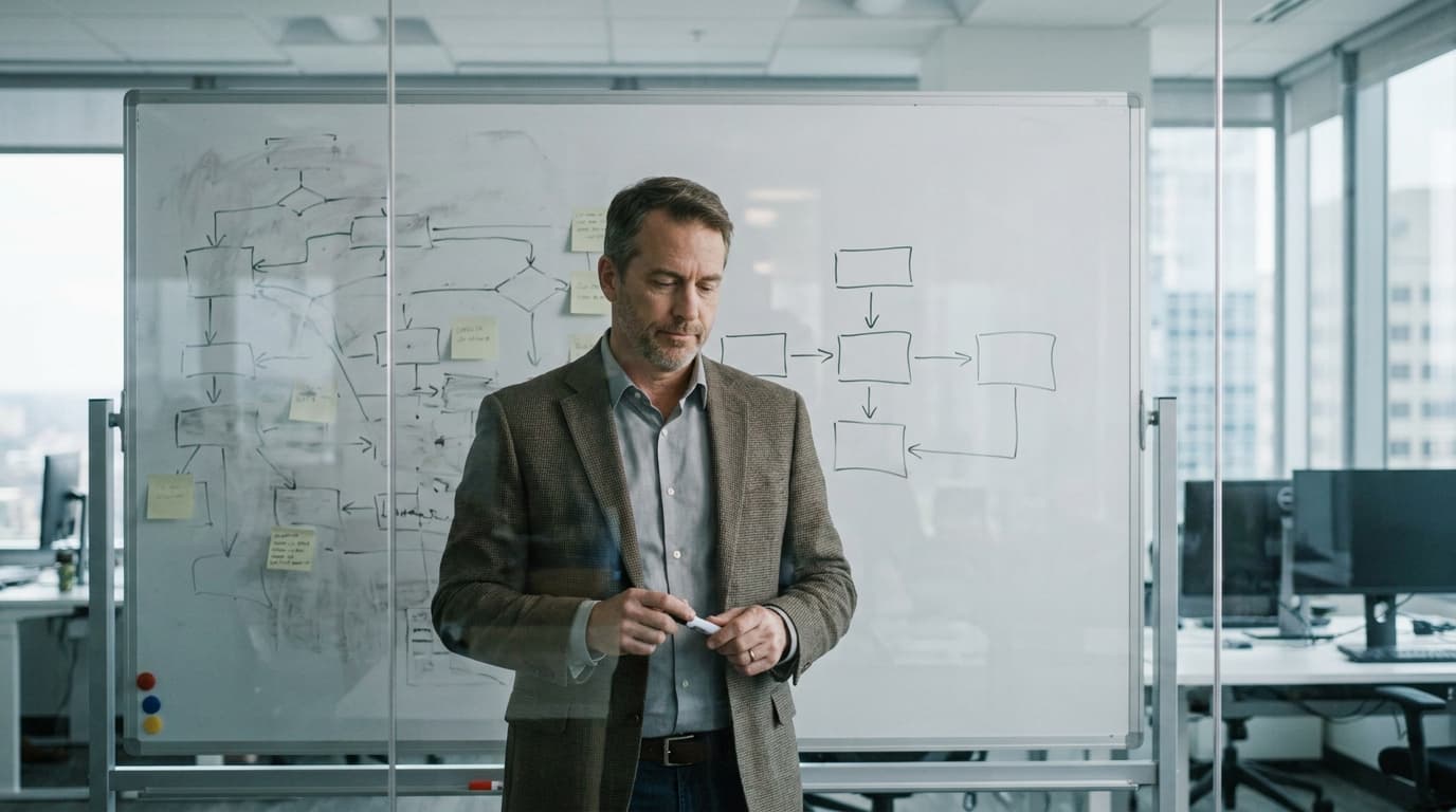 An IT leader stands in an office, looking at a whiteboard that illustrates a shift in the software development process.