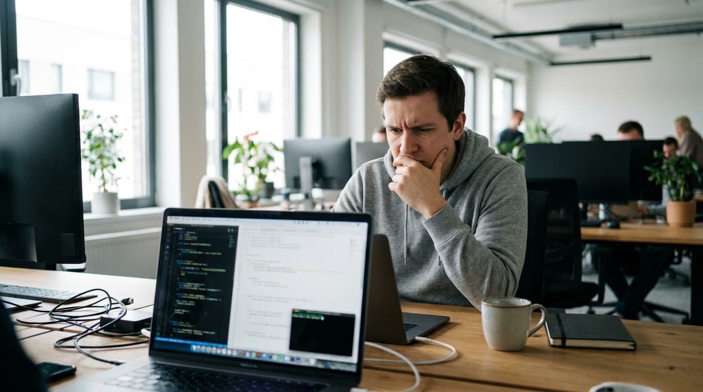 A developer sits at a desk in an office, looking at code on a laptop screen with a concerned expression.