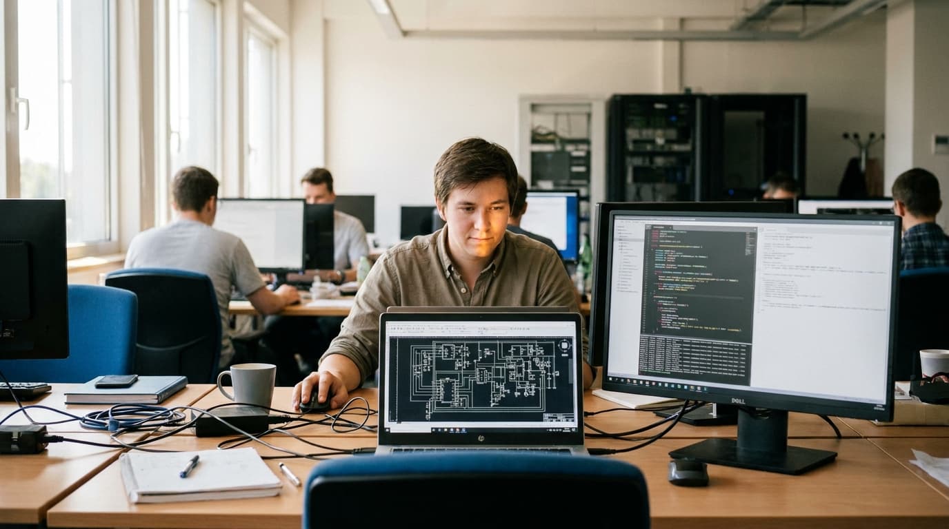 An engineer works at a desk with two monitors, one showing a technical diagram and the other showing text from a research tool.