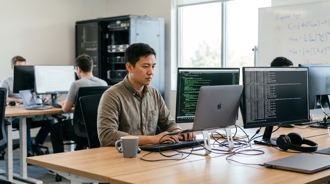 A developer at their desk examines code on a laptop, with a terminal window showing test results on an adjacent monitor.