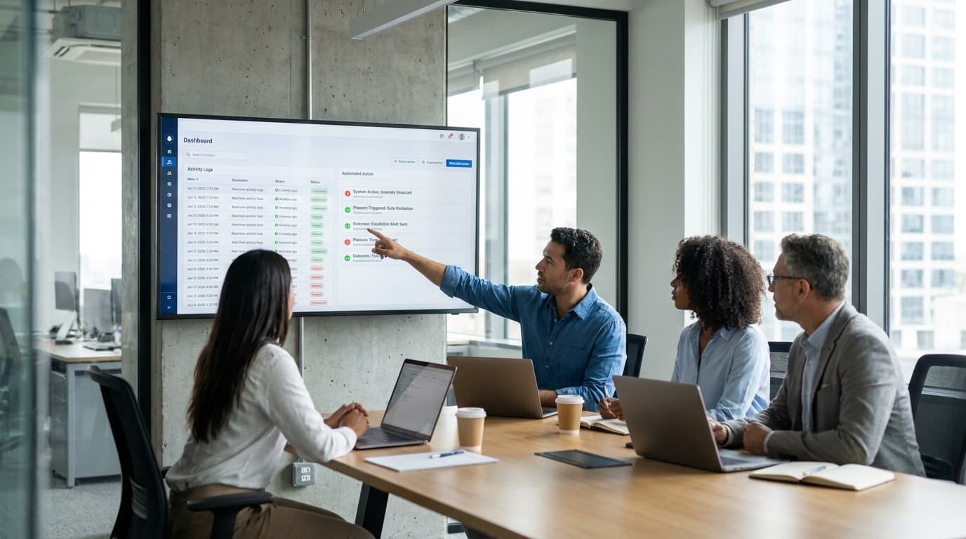 A group of business professionals in an office discuss a data dashboard showing automated system actions on a large screen.