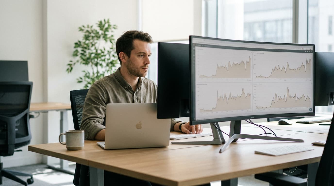 A developer analyzes application performance data on a large monitor in an office setting.