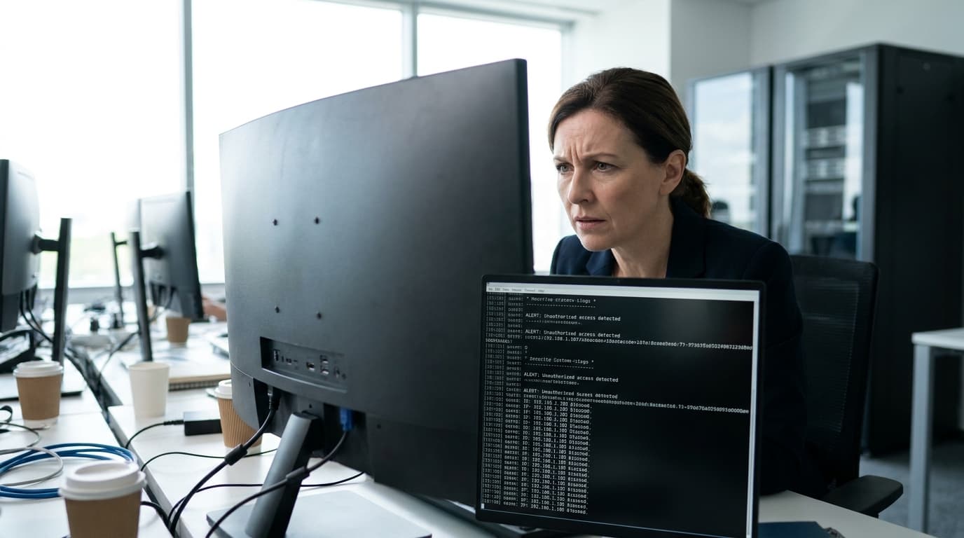 A developer sits at a desk, carefully reviewing complex computer code displayed on a monitor in a brightly lit office.