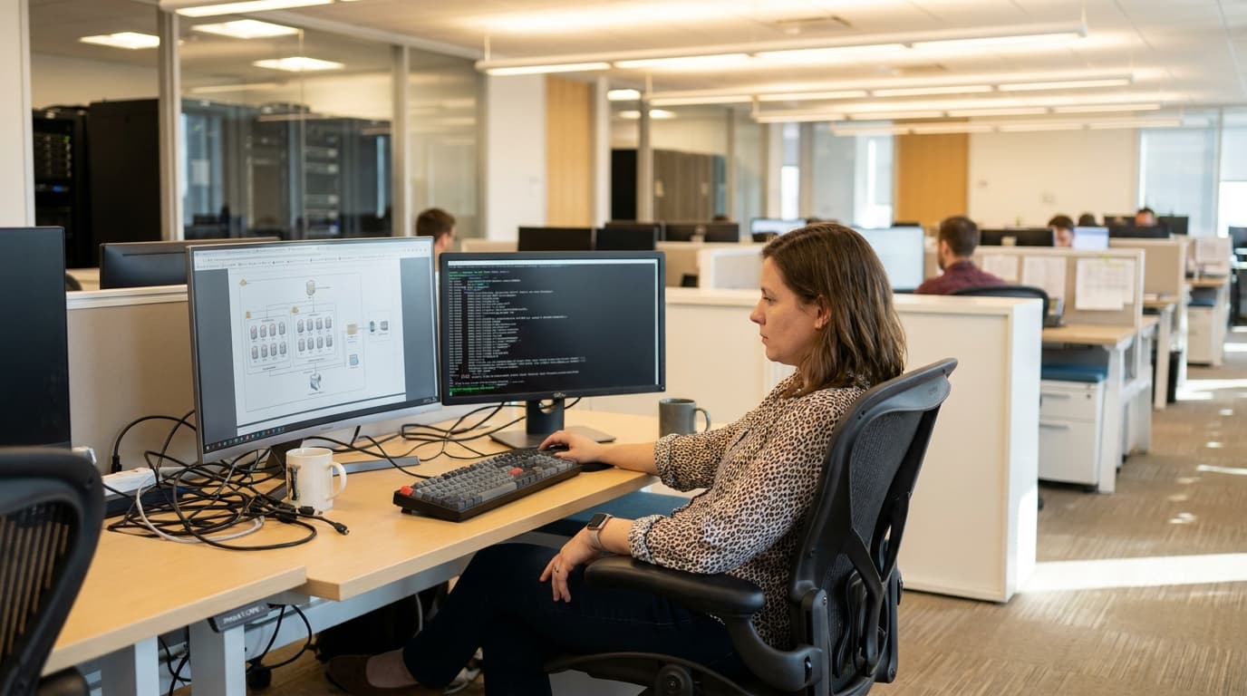 An engineer reviews a cloud architecture diagram and code on their computer monitors in an office.