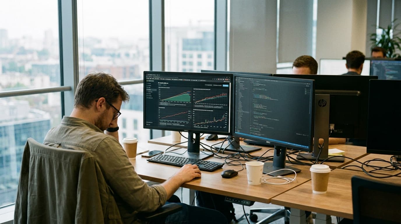 An engineer analyzes a dashboard showing AI model cost and performance data on a computer monitor in an office.