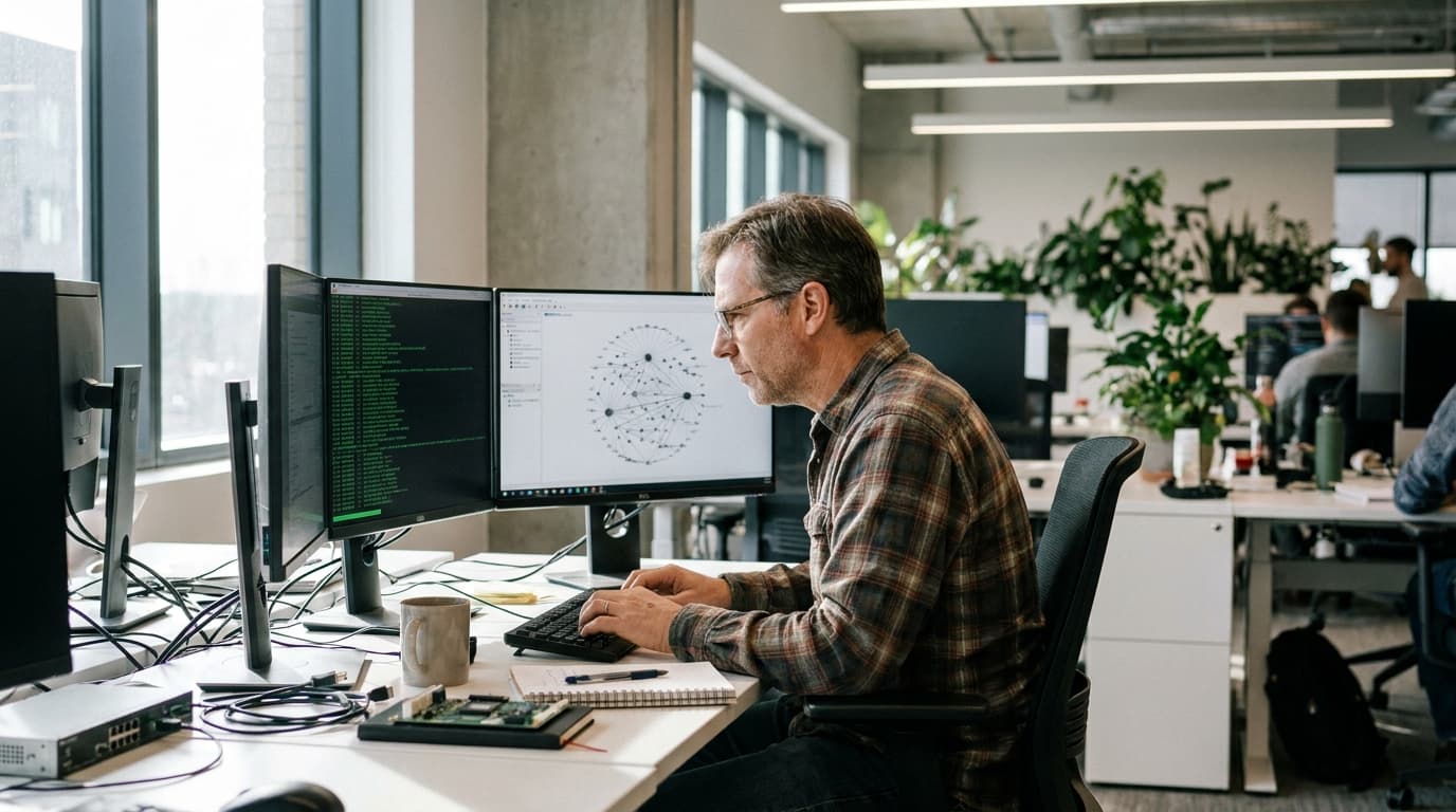 An engineer working on a computer with two monitors displaying code and system architecture diagrams in an office.