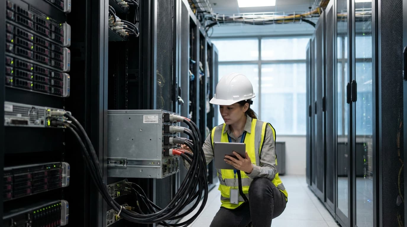 An engineer inspects a power distribution unit within a brightly lit data center aisle filled with server racks.