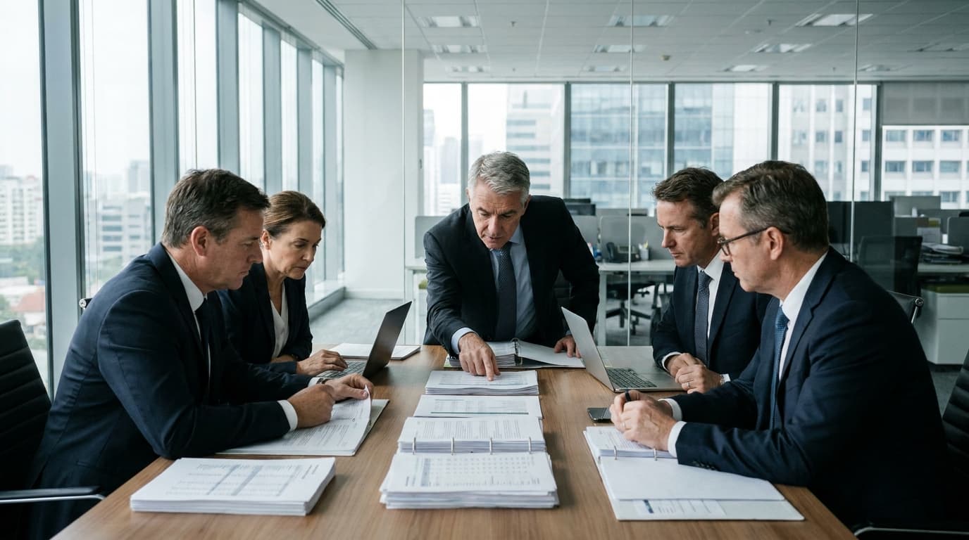 Business executives in a meeting room reviewing financial reports on a table.