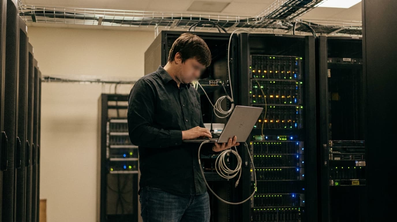 An infrastructure engineer works on a laptop while standing in front of an open server rack in a modern data center.