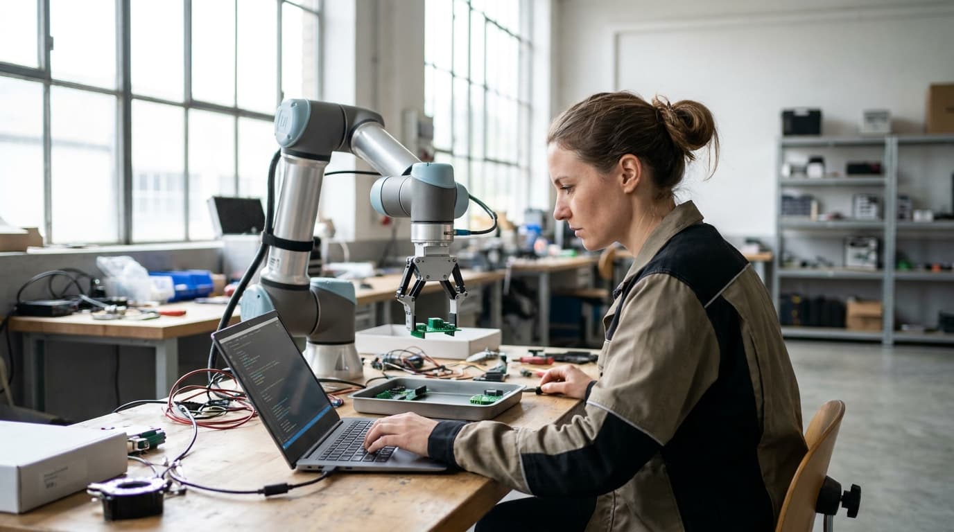A robotics engineer programs a robot arm using a laptop in a workshop setting.