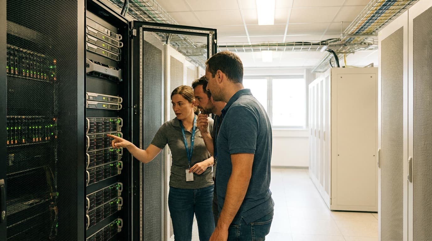 Three IT professionals discuss technical details in front of a server rack inside a modern data center.