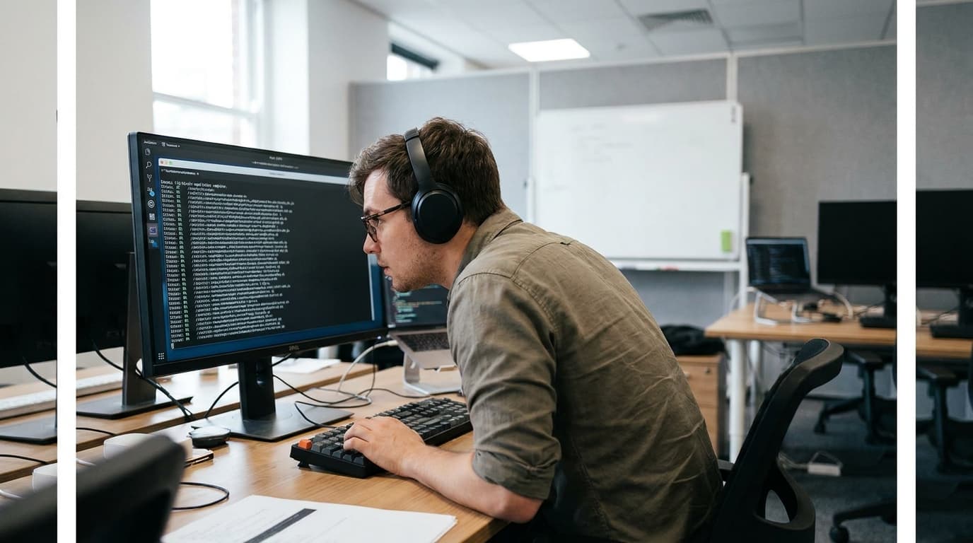 A developer's desk with a monitor showing lines of code and a terminal window indicating a fast software compilation.