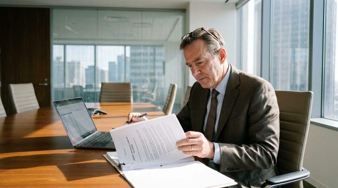 A lawyer sits at a conference table reviewing legal documents concerning corporate law and artificial intelligence.
