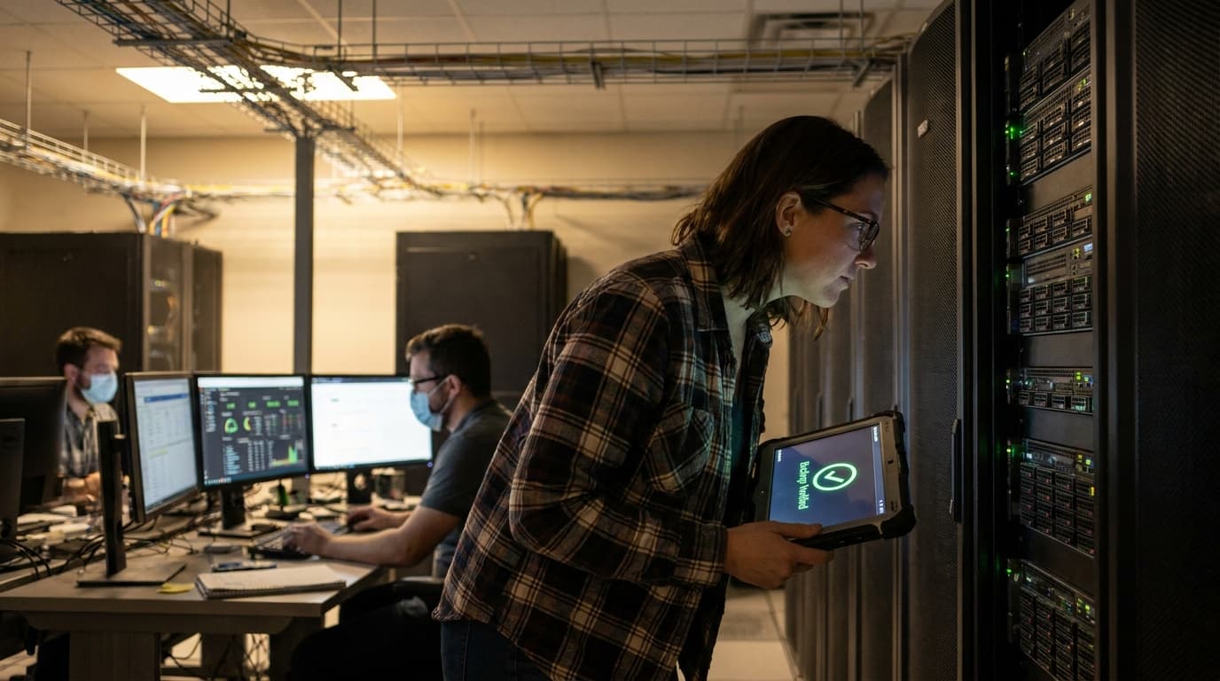 An IT engineer in a data center looks at a tablet showing a successful backup verification status in front of server racks.