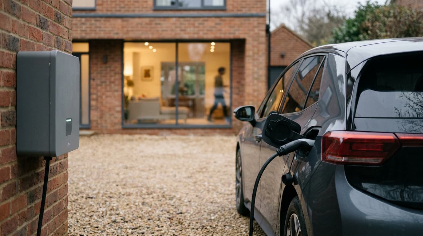 An electric car connected by a cable to a wall-mounted charging box on the side of a residential house.