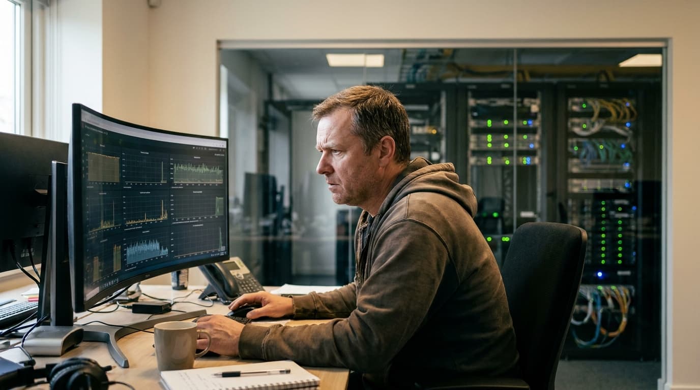 An engineer in a data center control room monitors database performance on a large screen with server racks in the background.