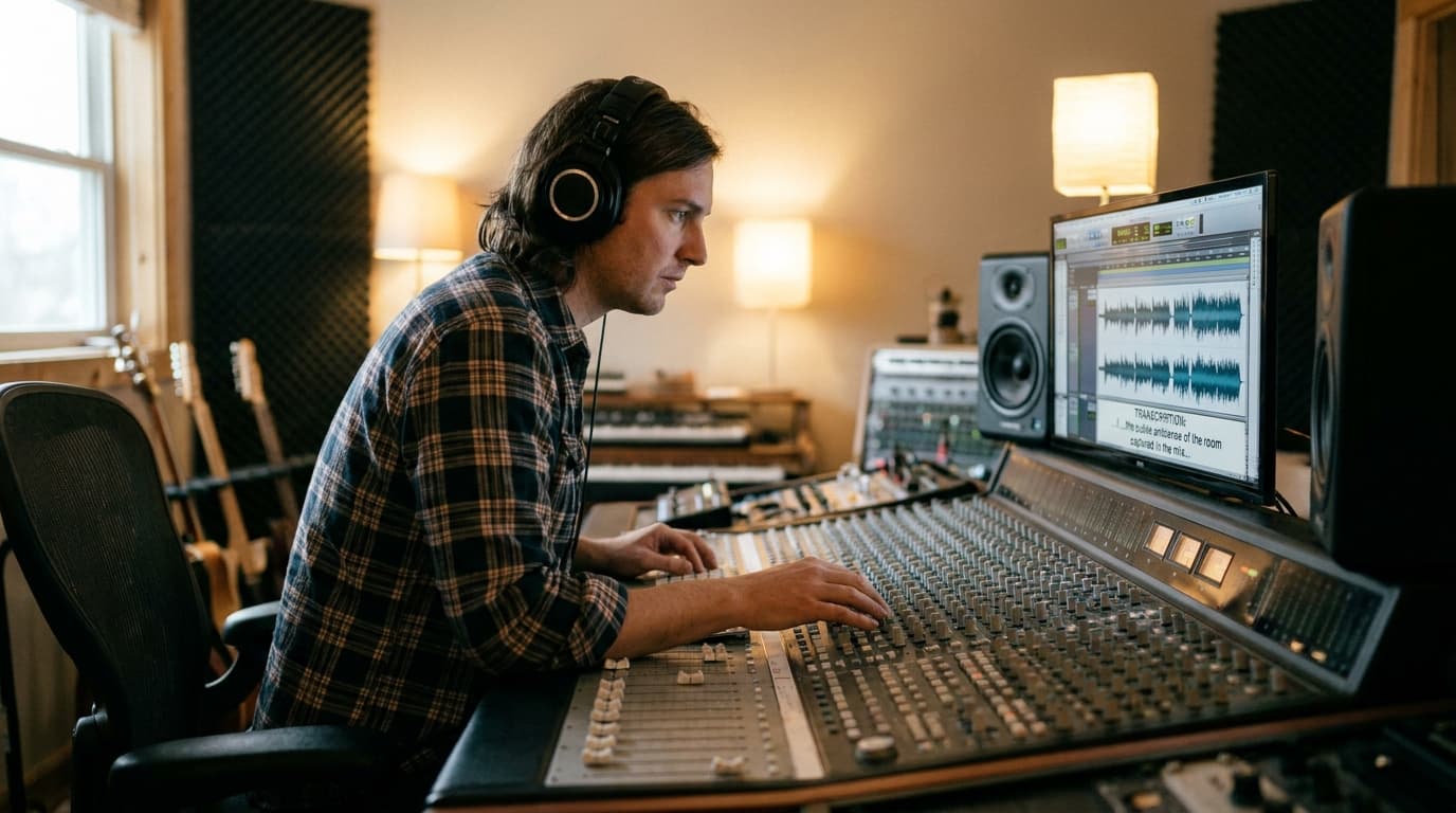 An audio engineer works in a studio, viewing a computer screen that shows a sound wave and its corresponding text transcription.