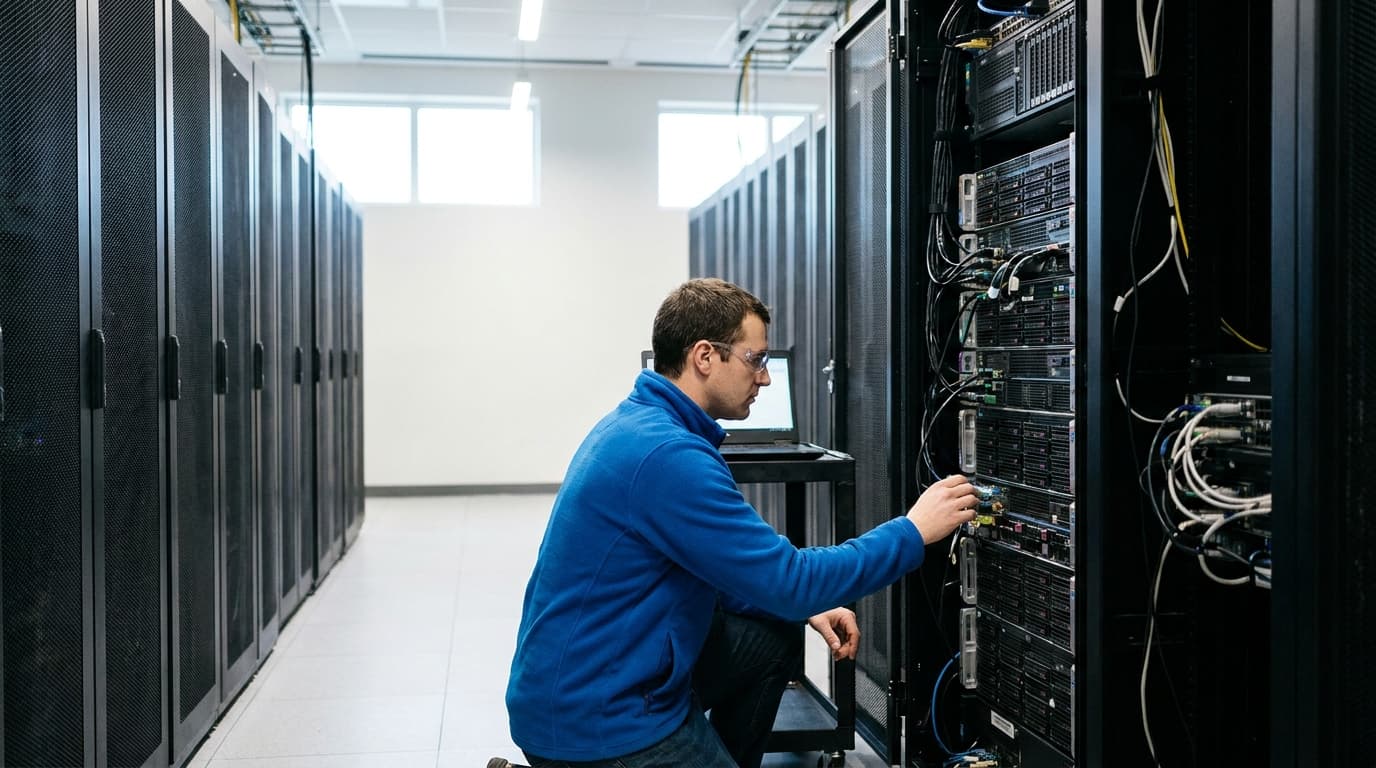 An IT technician walks down a brightly lit aisle between rows of server racks in a large data center.