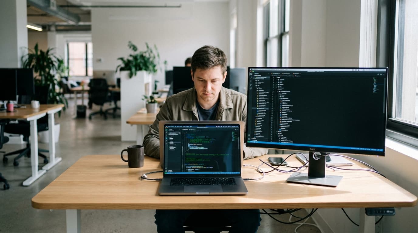 A developer reviews AI-generated code suggestions on a laptop in a well-lit office environment.