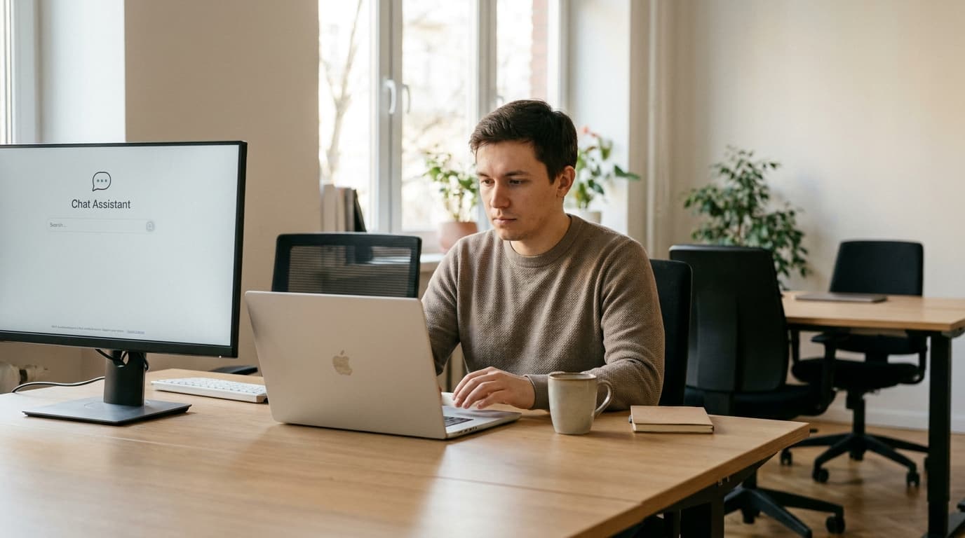 A software developer working on an AI application with a web search feature on their dual-monitor setup in an office.