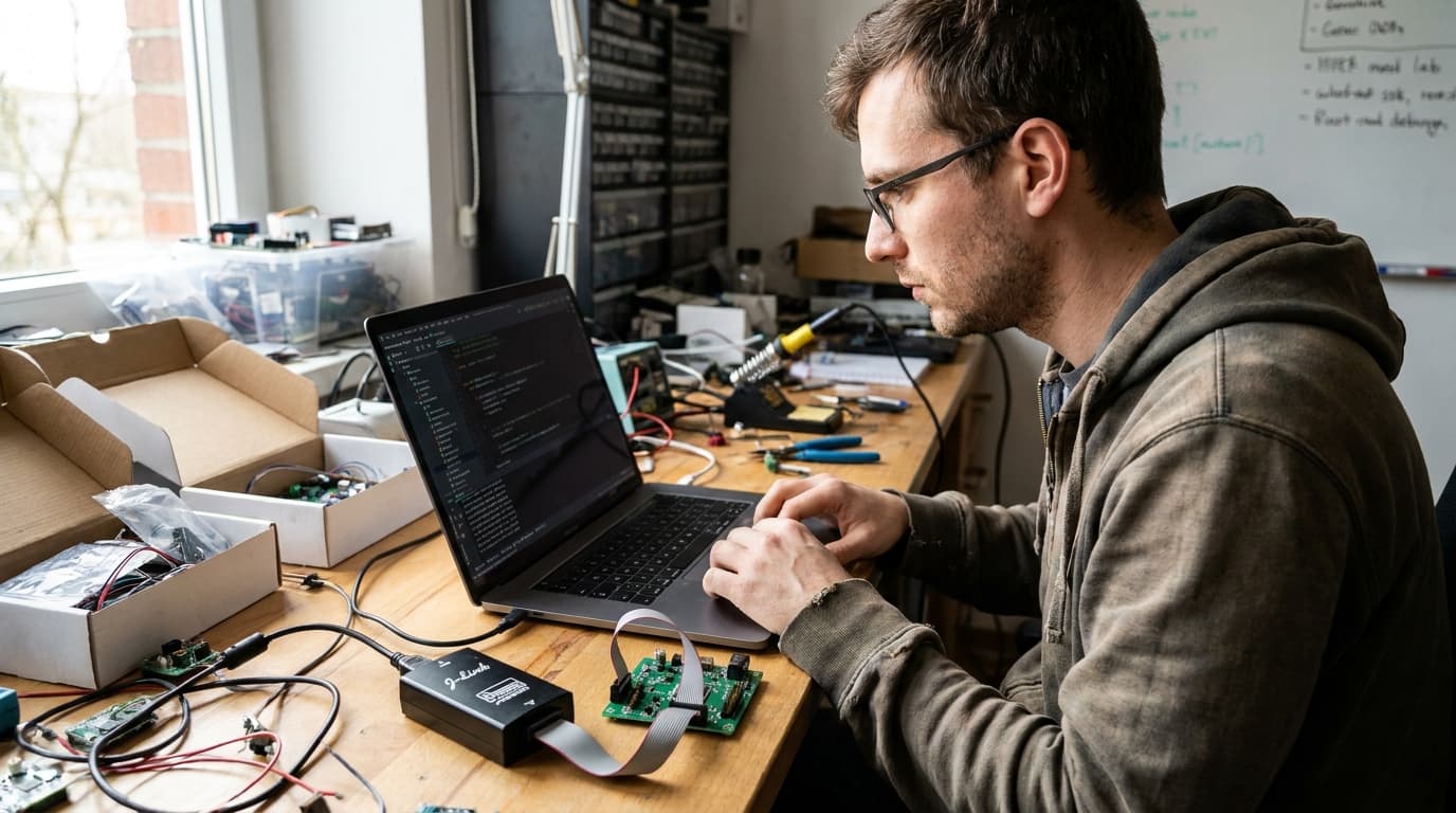 An engineer at a workbench uses a laptop running debugging software, which is connected to an electronic circuit board.