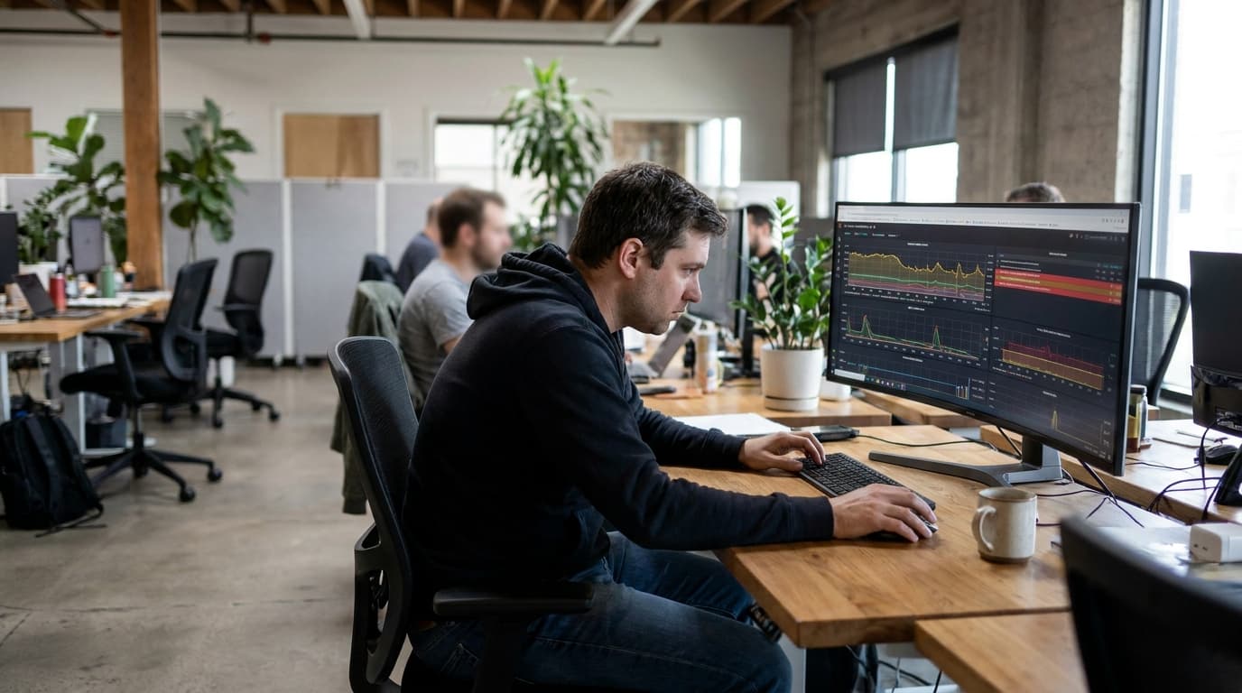 An engineer in an office analyzes complex system performance data on a large computer monitor during an incident.