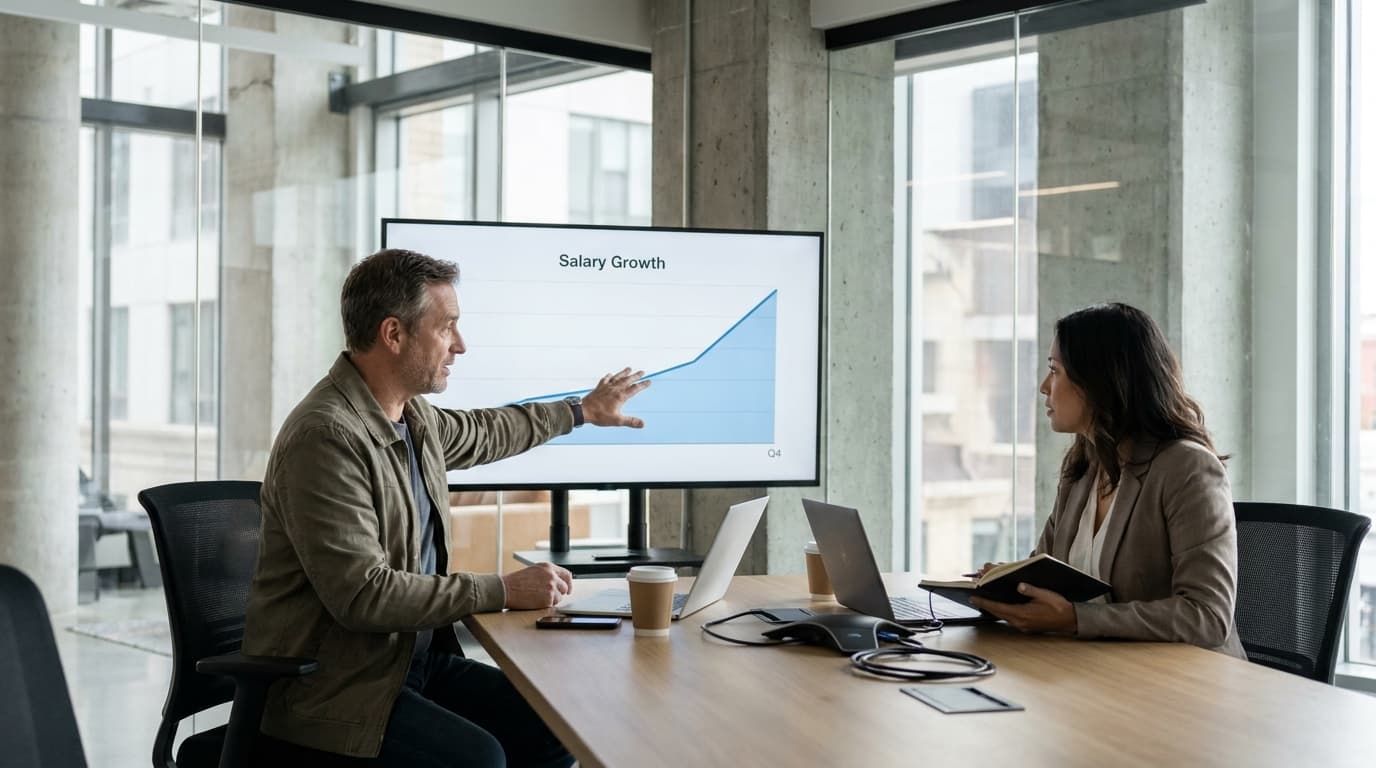 A manager and an HR representative in an office meeting room analyzing a chart showing rising salary trends.
