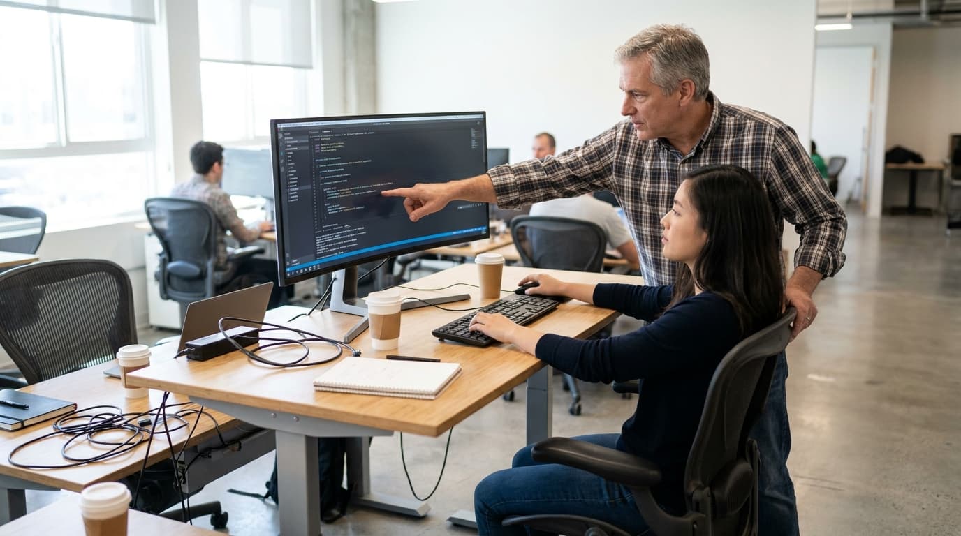 A senior developer mentors a junior colleague, both looking at code on a computer screen in an office setting.