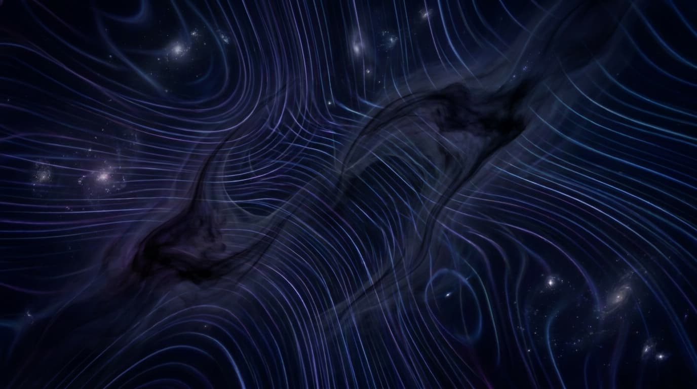 Conceptual image of dark matter influencing gravitational waves in space.