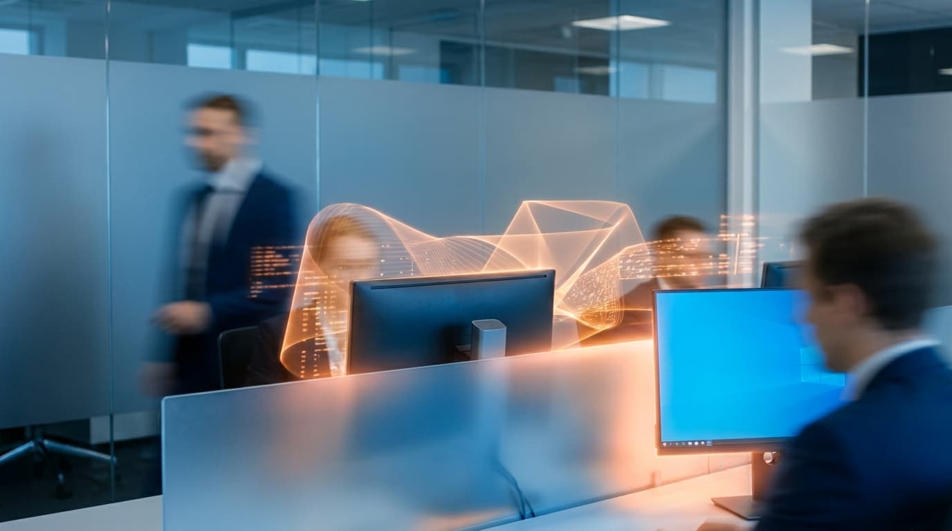 Abstract visualization of shadow AI in an office, with hidden digital tools emerging from computer monitors.