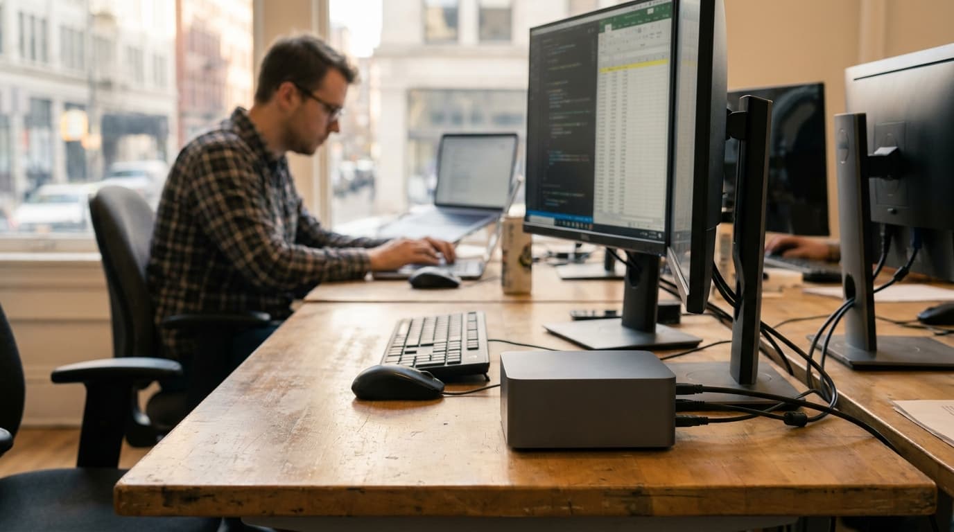 The new Minisforum Panther Lake M2 mini PC on a desk.