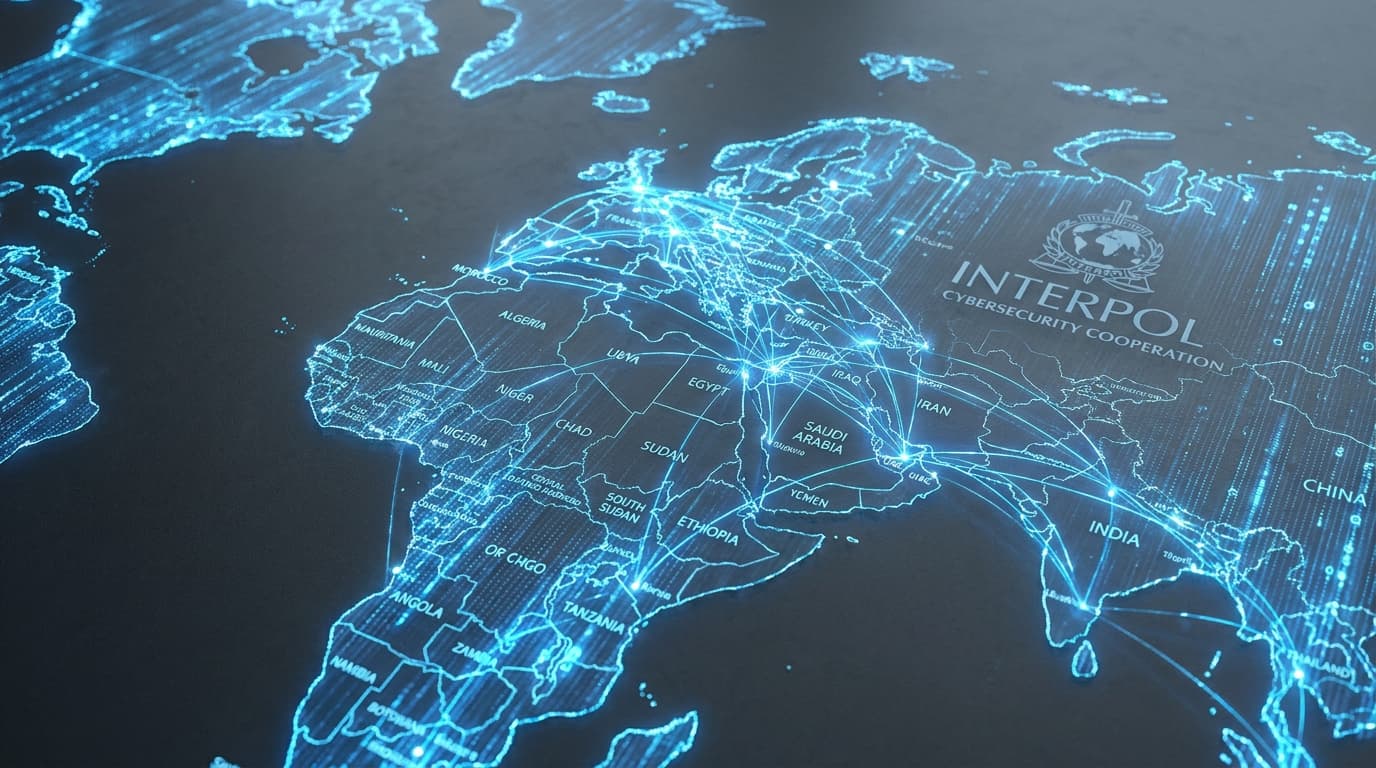 Conceptual image of a digital map showing INTERPOL's cybercrime operation in the MENA region.