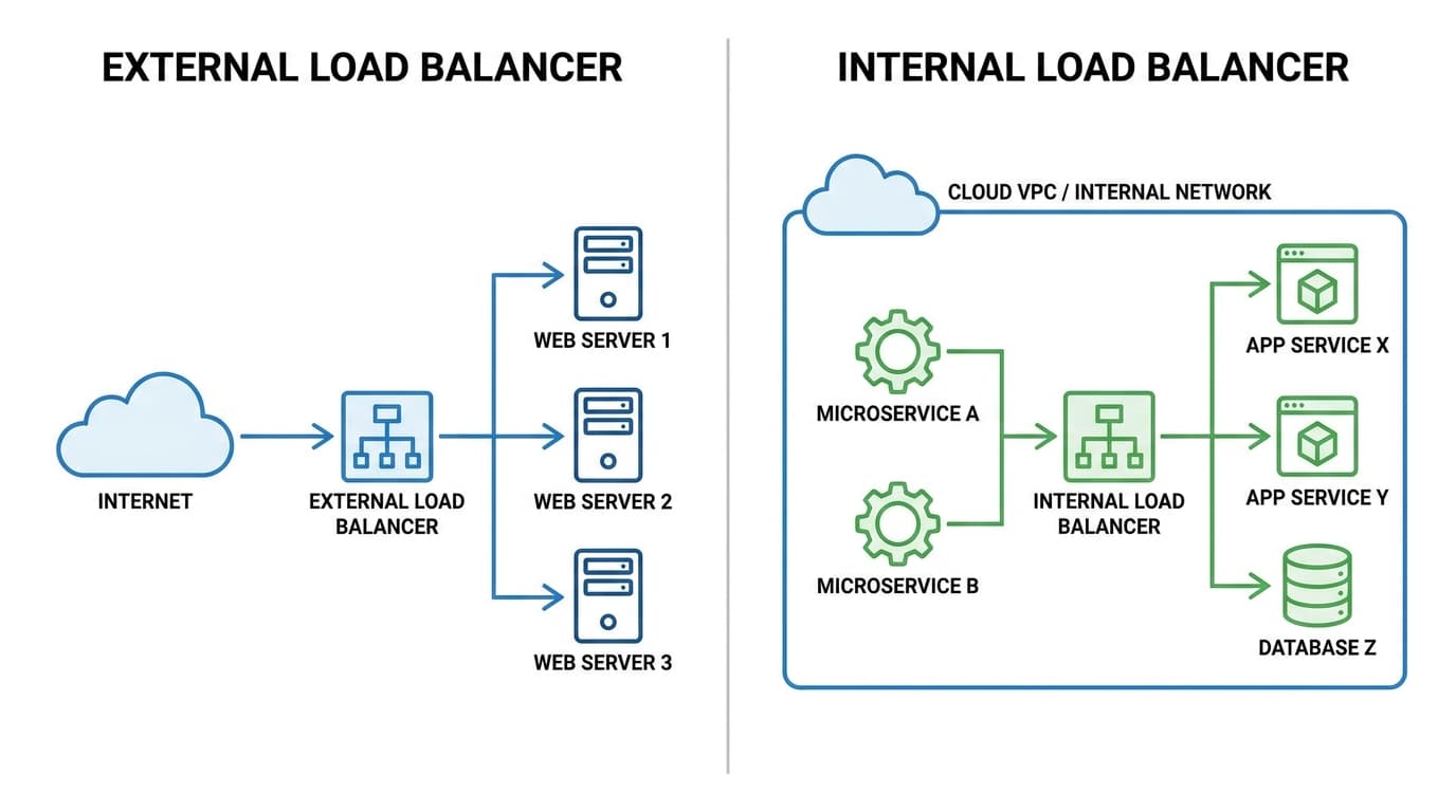 Diagram comparing an external load balancer receiving internet traffic and an internal load balancer managing traffic within a private network.