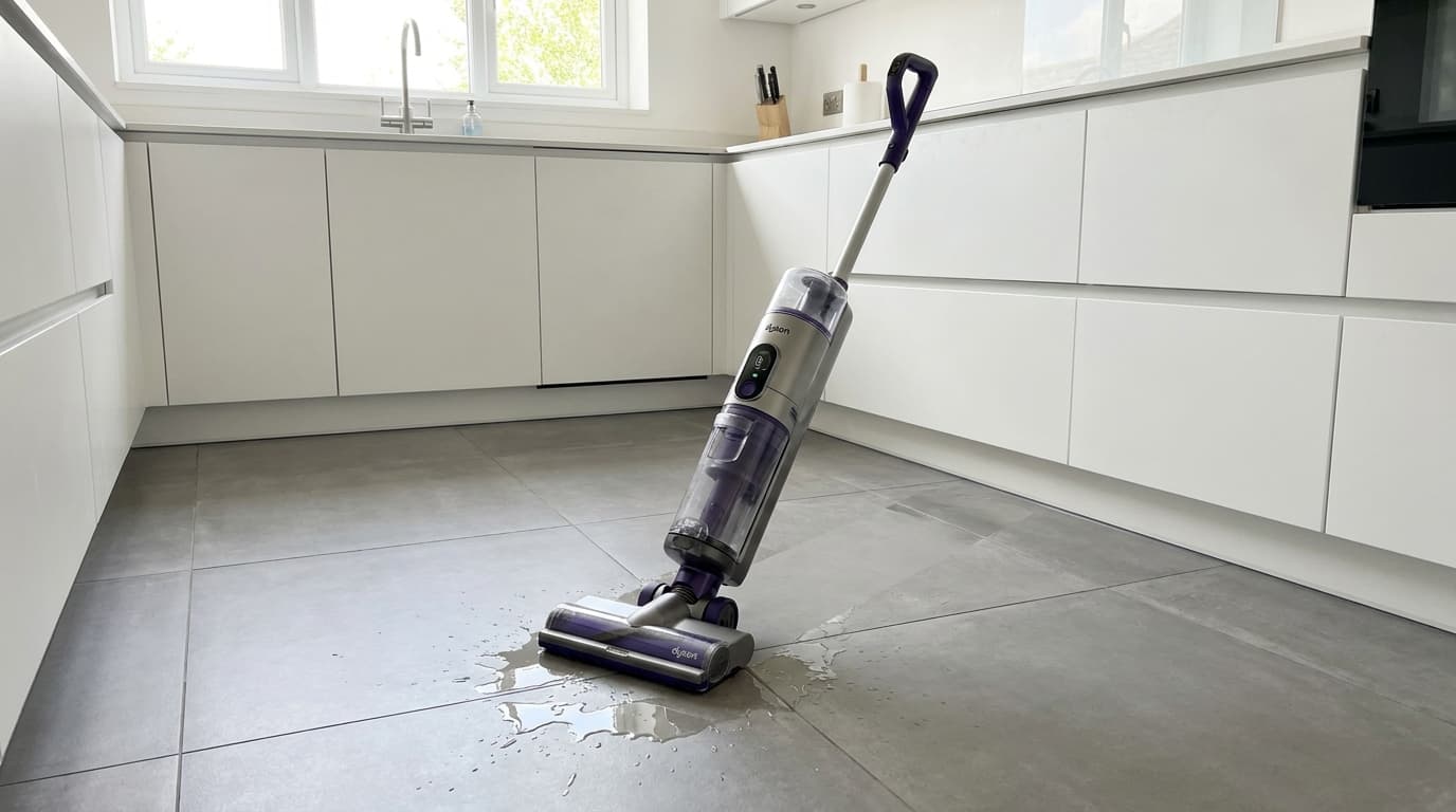 The Dyson PencilWash hard floor cleaner on a tile floor.
