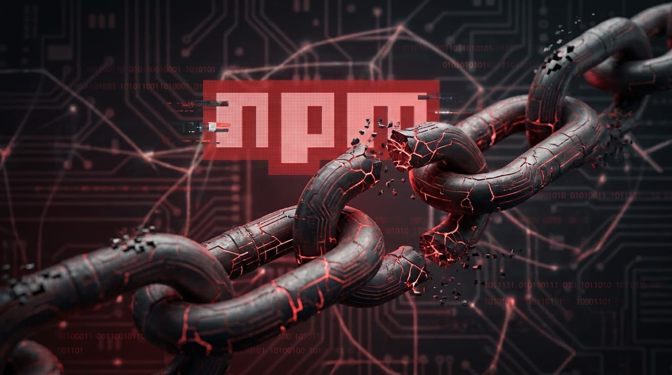 Illustration of a broken software supply chain, representing the malicious npm package attack.