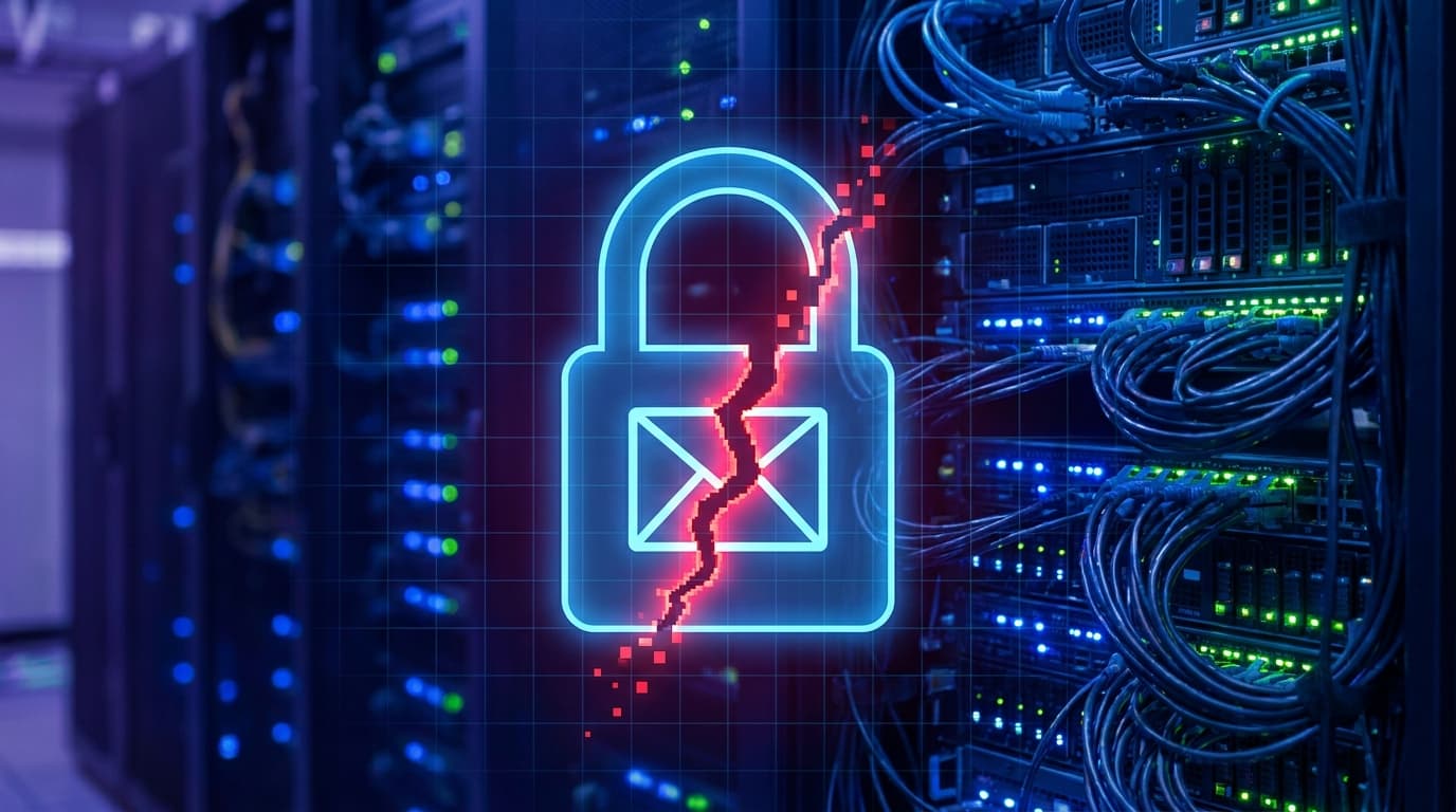 An illustration of a broken digital lock on an email server, representing a critical security vulnerability in an email gateway.