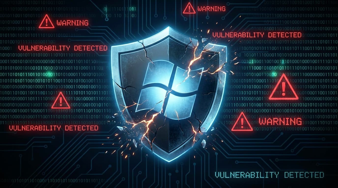 Illustration of a cracked Windows security shield, symbolizing the MiniPlasma zero-day vulnerability.