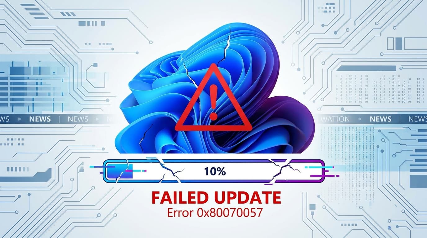 Windows 11 logo with a failed update warning symbol.
