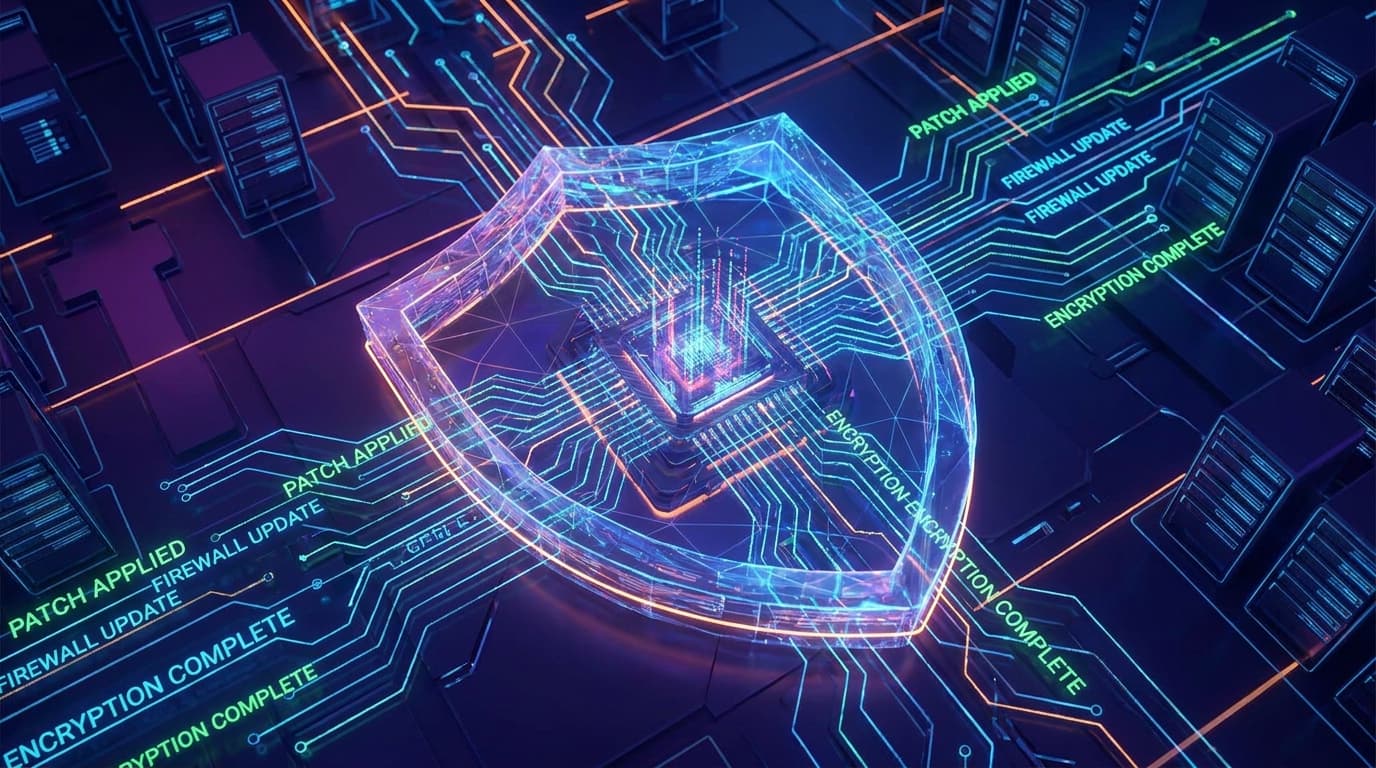 A digital shield representing cybersecurity being reinforced, symbolizing the application of a security patch.