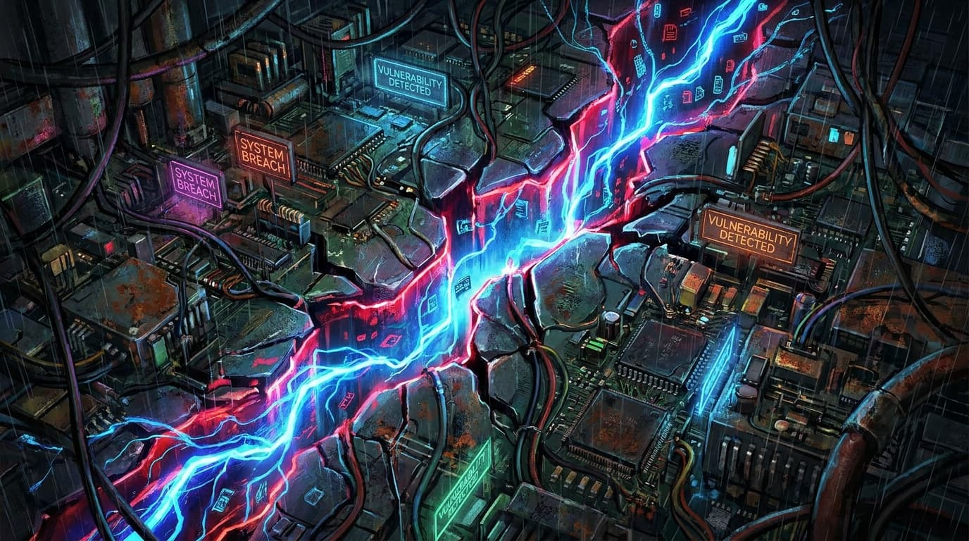 Illustration of a security vulnerability in a computer system, depicted as a glowing crack in a circuit board.