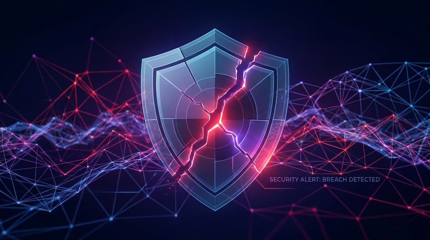 A cracked digital shield symbolizing a security vulnerability, set against a background of an artificial intelligence neural network.