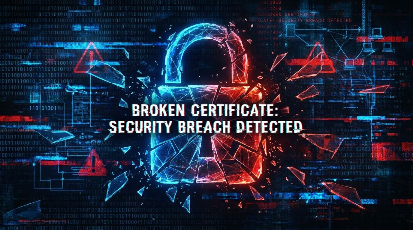 Illustration of a fractured digital security certificate, symbolizing a malware signing service.