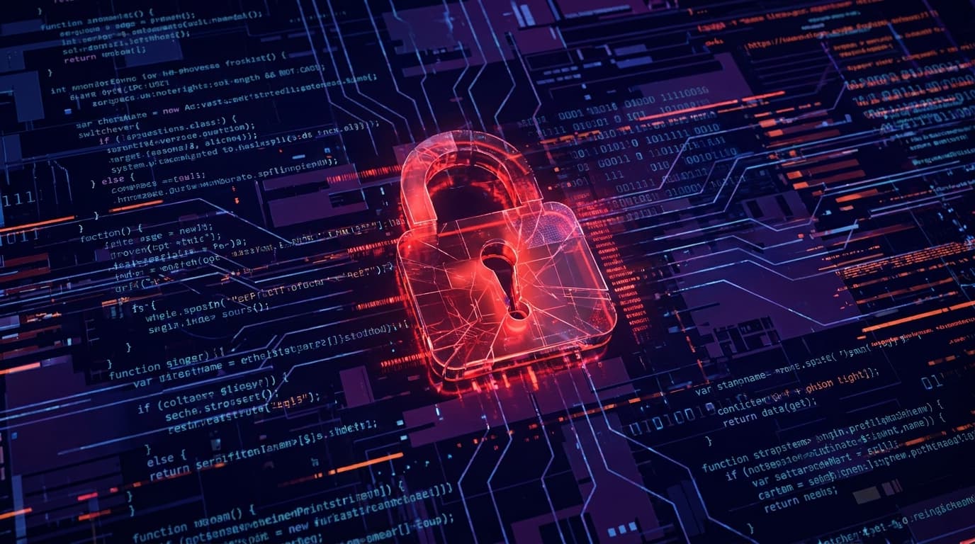 A compromised line of code in a dark-themed code editor, highlighted in red to signify a security vulnerability.